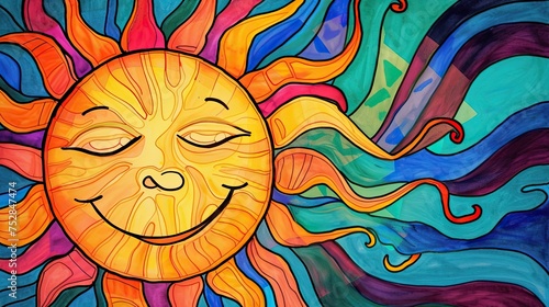 Smiling sun. Abstract, doodle, summer, joy, warmth, happiness, clarity, positive, childhood, vacation, beach, energy, light, nature, life, morning. Generated by AI © Anastasia