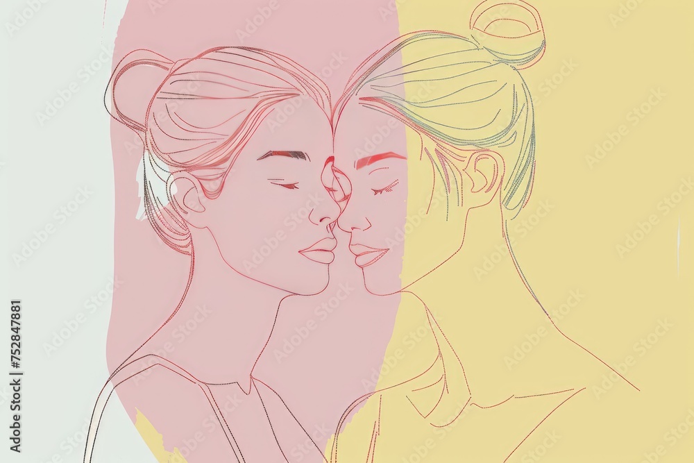 A minimalist line drawing of two women embracing in a loving kiss against a pastel background A minimalist line drawing of two women embracing in a loving kiss against a pastel background