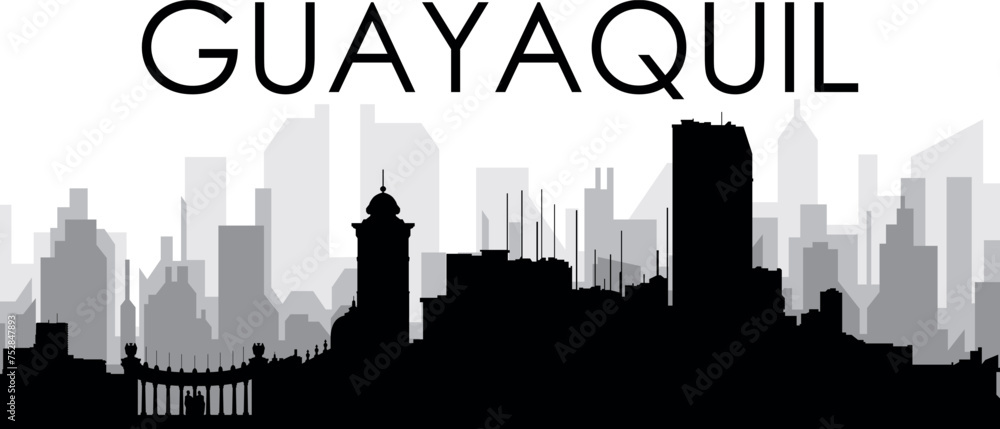 Black cityscape skyline panorama with gray misty city buildings background of GUAYAQUIL, ECUADOR