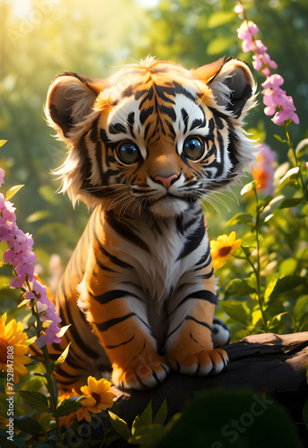 Wallpaper Mural 3d rendering of cute baby tiger in nature forest with flower Torontodigital.ca