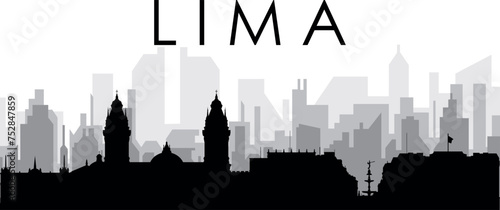 Black cityscape skyline panorama with gray misty city buildings background of LIMA, PERU