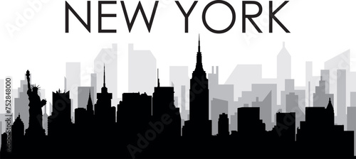 Black cityscape skyline panorama with gray misty city buildings background of NEW YORK CITY, UNITED STATES OF AMERICA
