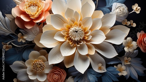 Surreal 3D, flowers 3D wallpaper. Flowers dark 3d wallpaper. Wonderful fantasy magical flowers with delicate petals. 3D rendering. Floral background.