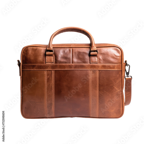 Vintage leather suitcase, laptop bag, front view, PNG, cutout, or clipping path. 