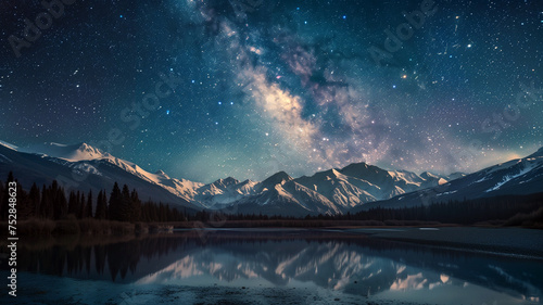 Starry night scene: milky way over mountains and rivers in the dark