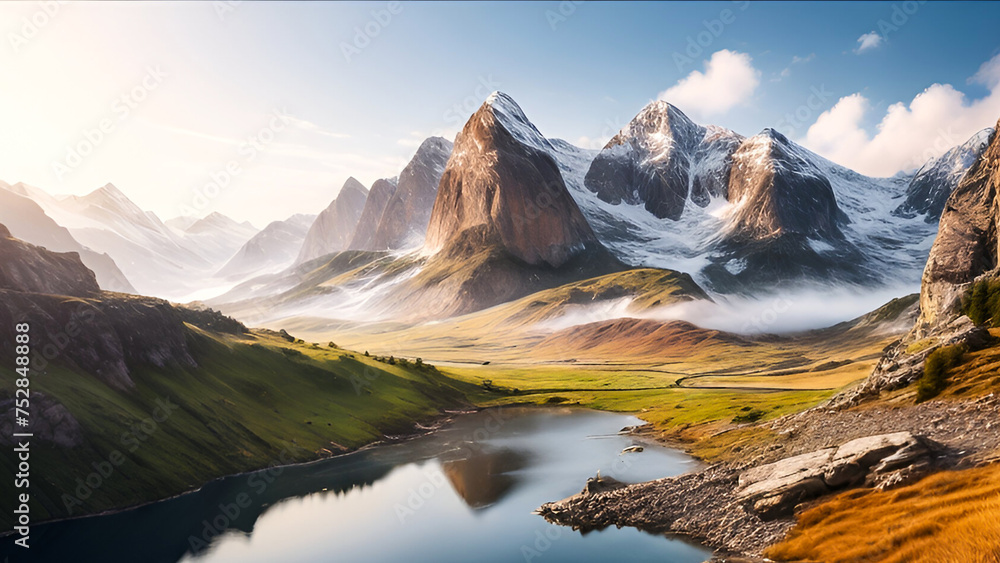 Majestic Mountain Peaks and Blooming Meadows. Landscape Illuminated by sun Light, Featuring Lush Green Hills and Serene Atmosphere.