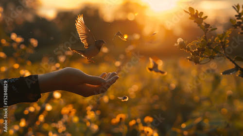 hand woman releases birds into nature during sunset, creating a symbolic and poetic moment of freedom and connection with the natural world