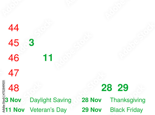 November 2024 Festive Holidays Calendar with  Week  Numbers