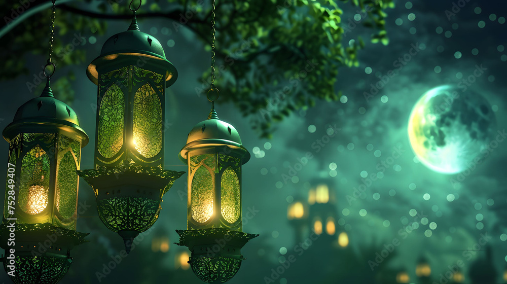Beautiful green lanterns with backgrounds of festive and lively Ramadan at night and blurred mosque under a beautiful dim moon. Artificial intelligence. Beautiful green lanterns with backgrounds of festive and lively Ramadan at night and blurred mosque under a beautiful dim moon. Artificial intelligence.