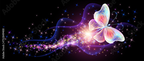 Flying delightful butterfly with sparkle and blazing trail flying in night sky among shiny glowing stars in cosmic space. Love and romance concept.