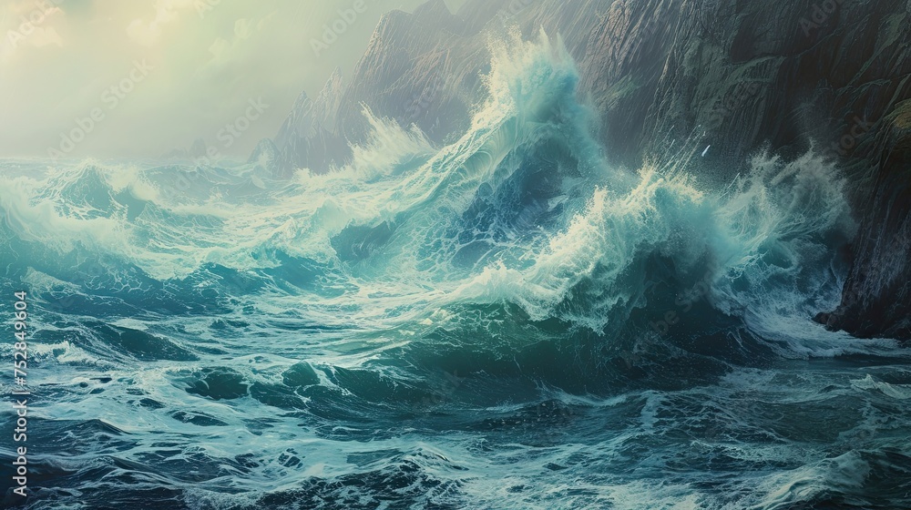 Storm at sea. Sea, storm, wind, waves, thunderstorm, ship, hurricane, calm, ocean, shipwreck, weather, boat, tsunami, rain, elements. Generated by AI - obrazy, fototapety, plakaty 