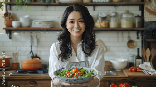 An Asian woman is holding a salad bowl and smiles at the camera. healthy eating food concept.