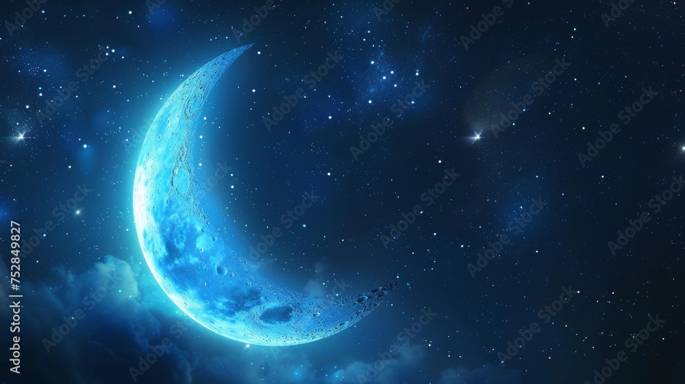 Blue crescent moon with stars and white clouds on dark background. Blue crescent moon with stars and white clouds on dark background.