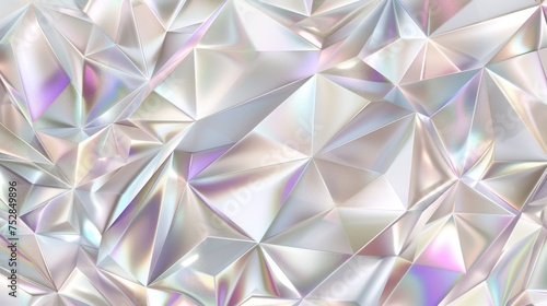 A close-up view of a 3D geometric pattern with an iridescent surface reflecting a spectrum of pastel colors.