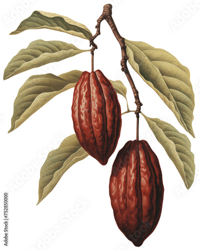 Cocoa beans isolated on transparent background old botanical illustration