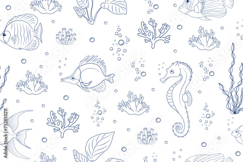 Seamless marine pattern with tropical fish and seahorse. Doodle linear background with underwater world and algae