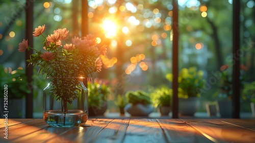Sun-kissed blossoms in a glass jar on a rustic wooden table (AI-Generated)