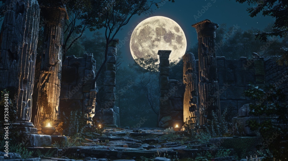 Obraz premium Full Moon Over Ancient Ruins at Night
