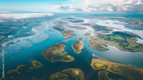 Capturing the mesmerizing patterns of meandering rivers amidst tidal flats  this image is a vibrant testimony to the fluidity of Earth s coastal landscapes.