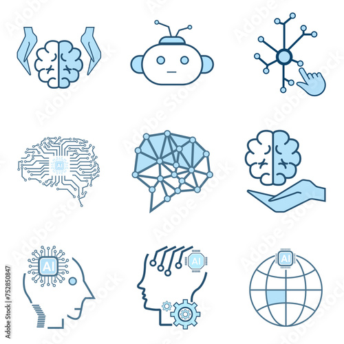 Set of AI symbols, icons Artificial AI icons collection, isolated lined machine AI icon, Set of brain, cybernetic, ai, head, technology  concepts © Paradox-D