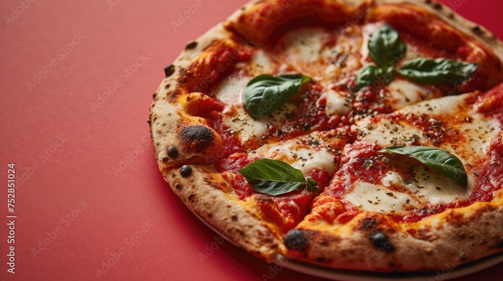 Classic Margherita pizza with a golden crust, mozzarella slices, and basil on a striking red background, embodying bold flavors and textures.