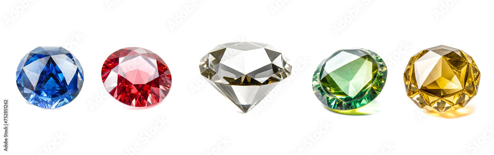 panorama set of gemstones isolated on white background, cut out