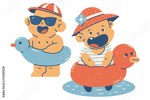 Cute baby girl and boy on the beach vector cartoon character illustration isolated on a white background.