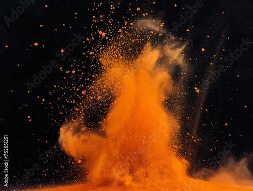 A dynamic explosion of bright orange powder creating a vivid contrast on a dark backdrop, capturing the essence of energy and motion