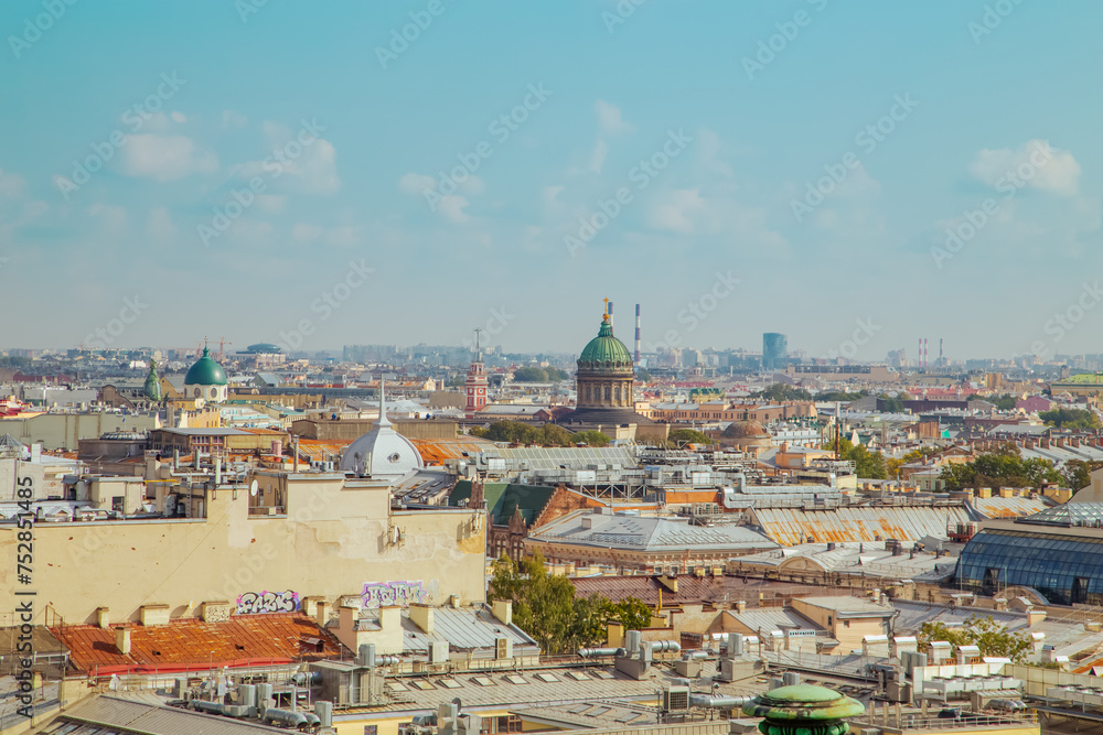 Aerial view of the historical center and the Kazan Cathedral from the colonnade of St. Isaac's Cathedral.