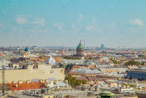 Aerial view of the historical center and the Kazan Cathedral from the colonnade of St. Isaac's Cathedral.