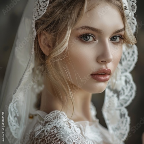A close-up portrait of a bride with captivating eyes, sporting a beautiful white lace veil and makeup