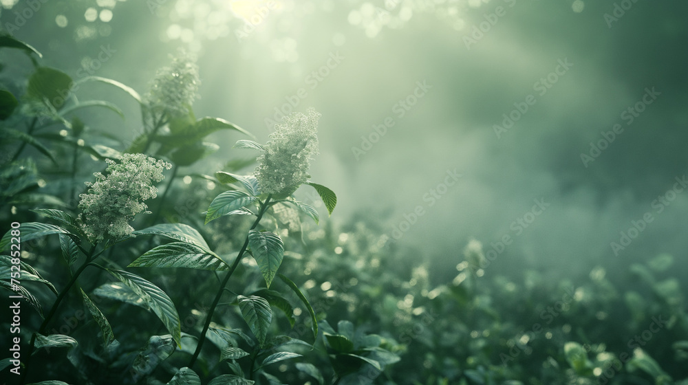 Spring time bergamot garden in the fog with sunlight near it, eroded surfaces, soft-focus portraits, adventure themed, monumental forms, close-up Spring time bergamot garden in the fog with sunlight near it, eroded surfaces, soft-focus portraits, adventure themed, monumental forms, close-up