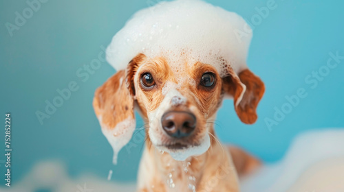 Wet dog in bathtub at home bathroom. Bathing of happy Nova Scotia Duck Tolling Retriever with foam soap on head.