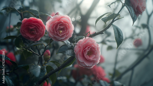 Spring time rose garden in the fog with sunlight near it  eroded surfaces  soft-focus portraits  adventure themed  monumental forms  close-up