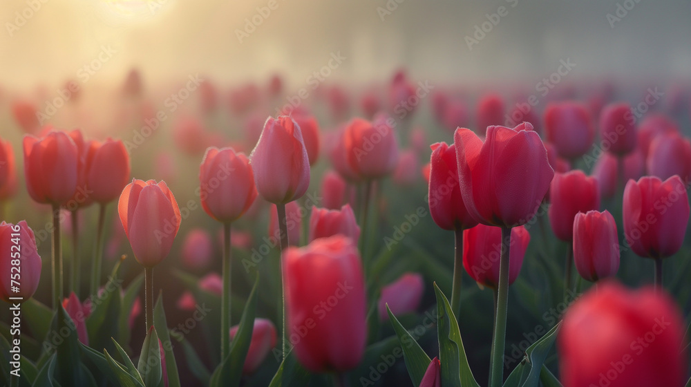 Fototapeta premium Spring time tulip garden in the fog with sunlight near it, eroded surfaces, soft-focus portraits, adventure themed, monumental forms, close-up