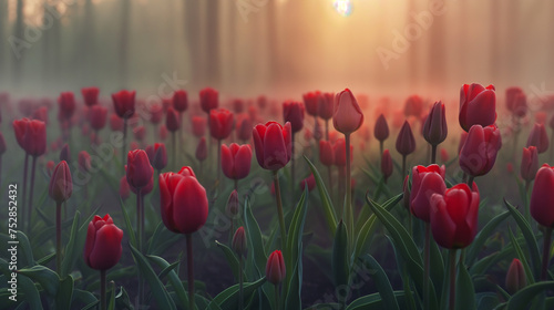 Spring time tulip garden in the fog with sunlight near it, eroded surfaces, soft-focus portraits, adventure themed, monumental forms, close-up
