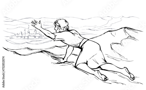Vector drawing. A man in the desert sees a mirage