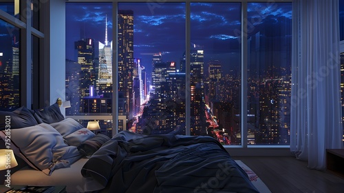 A room with a view of the city from the bed, penthouse bedroom at night 