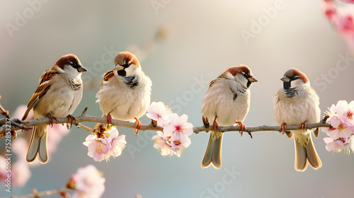A trio of birds perched on a branch adorned with delicate pink flowers
