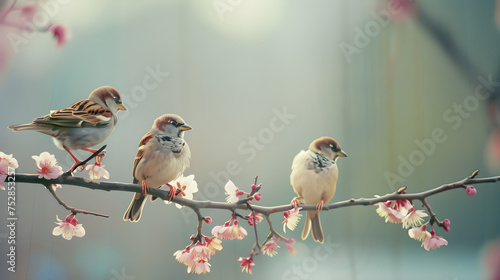 A trio of birds perched on a branch adorned with delicate pink flowers