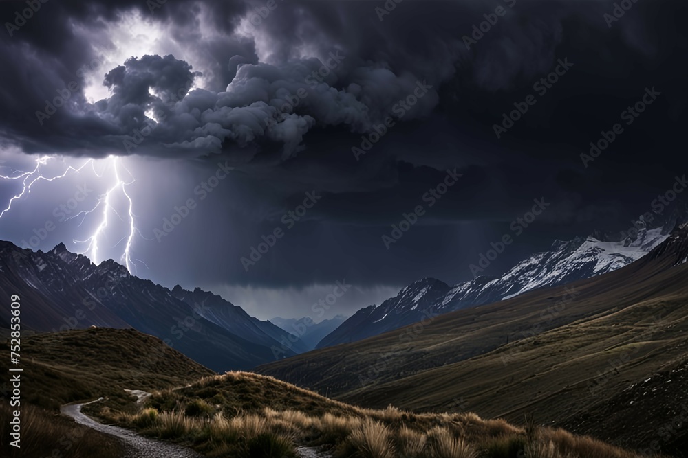 A dramatic landscape scene of storm clouds gathering over a mountain landscape, with lightning illuminating the dark sky