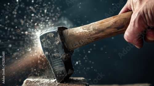 Hand with a hammer at one end tries to hit a nail, showcasing motion blur and an extreme low angle. photo