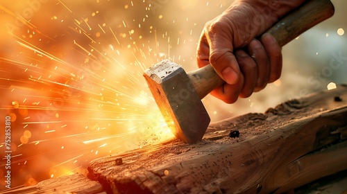 A hand with a hammer attempts to strike a nail, captured with motion blur from an extreme low angle. photo