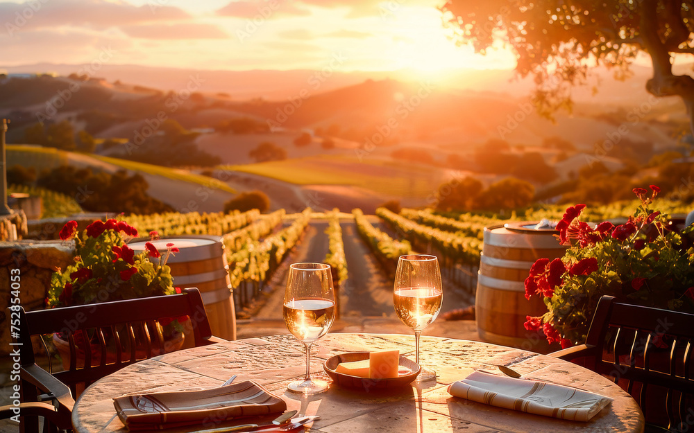 Romantic dinner setup with wine glasses on a table overlooking a scenic vineyard during a tranquil sunset.