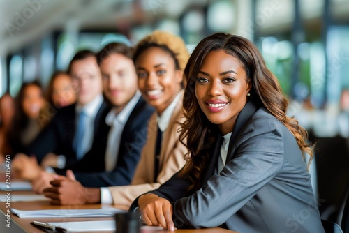 A professional and diverse team in a meeting, smiling businesswoman looking at the camera with colleagues in the background.