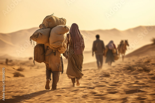 tired exhausted poor people walking through desert carrying their bags and kids, hot sunny day in sand dunes. High quality photo created with generative ai technology photo