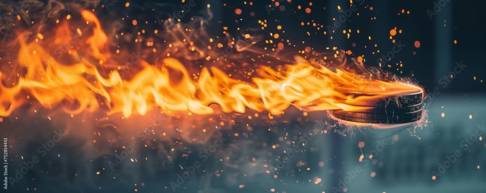 A hockey puck flies through the air from left to right with a fiery tail.
