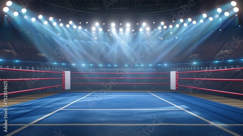 Empty professional boxing ring in arena for competitions and training, sports and fitness concept