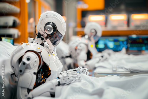 Futuristic robots in a manufacturing line  showcasing advanced automation and artificial intelligence technology in an industrial setting.