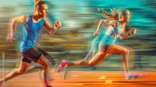 Man and woman sprint away from the camera in a race, with determined faces and a desire to win. Vibrant colors and motion blur add to the environment. © klss777